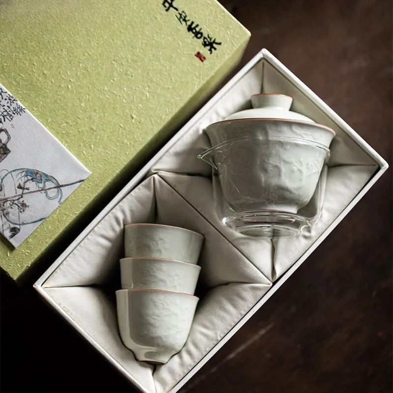 Korean Tea Set - Butik El Yapımı Rölyef Kapaklı Kase