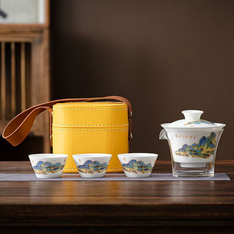 Korean Tea Set - Seyahat Yeşim Beyaz Porselen Çay Seti,