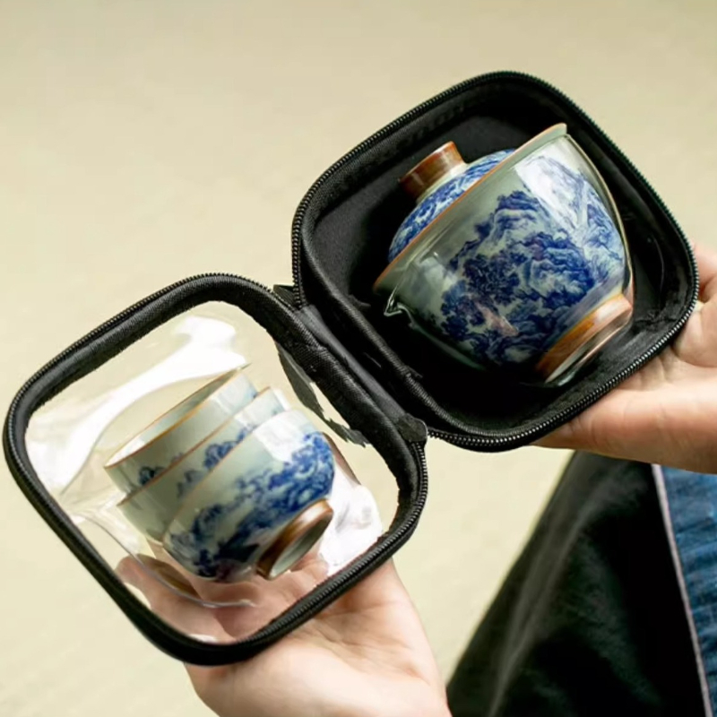 Korean Tea Set - Çin Retro Mavi Beyaz Porselen Çay